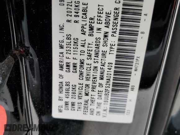 2017 Acura TLX V6 w/Technology Pkg with VIN 19UUB2F52HA001409, listed as a Copart auction lot 53571115 with 66,361 mi miles and Salvage title. Bid and sale history available at DreamBid. Image 14.