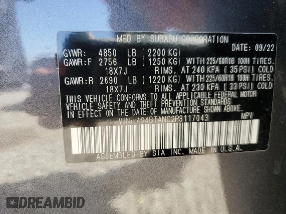 2023 Subaru Outback Limited with VIN 4S4BTANC2P3117043, listed as a Copart auction lot 61026805 with 38,190 mi miles and Salvage title. Bid and sale history available at DreamBid. Image 14.