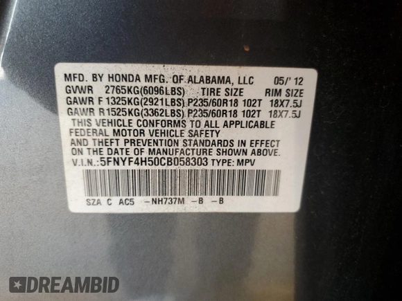 2012 Honda Pilot EX-L with VIN 5FNYF4H50CB058303, listed as a Copart auction lot 60607375 with 147,939 mi miles and Salvage title. Bid and sale history available at DreamBid. Image 14.