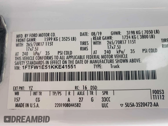 2019 Ford F-150 XL with VIN 1FTFW1E51KKE41551, listed as a IAAI auction lot 42308765 with 153,762 mi miles and . Bid and sale history available at DreamBid. Image 1.