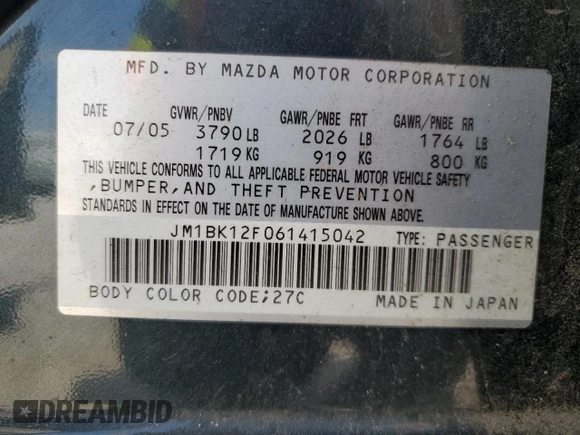 2006 Mazda 3 i with VIN JM1BK12F061415042, listed as a Copart auction lot 51121795 with 120,870 mi miles and Salvage Title. Bid and sale history available at DreamBid. Image 15.