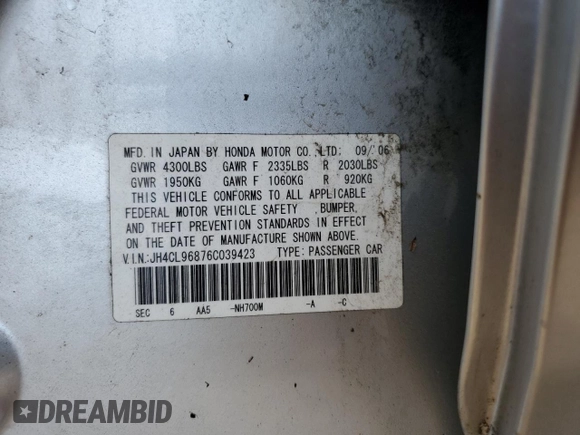 2006 Acura TSX with VIN JH4CL96876C039423, listed as a Copart auction lot 56887015 with 165,274 mi miles and Salvage title. Bid and sale history available at DreamBid. Image 13.
