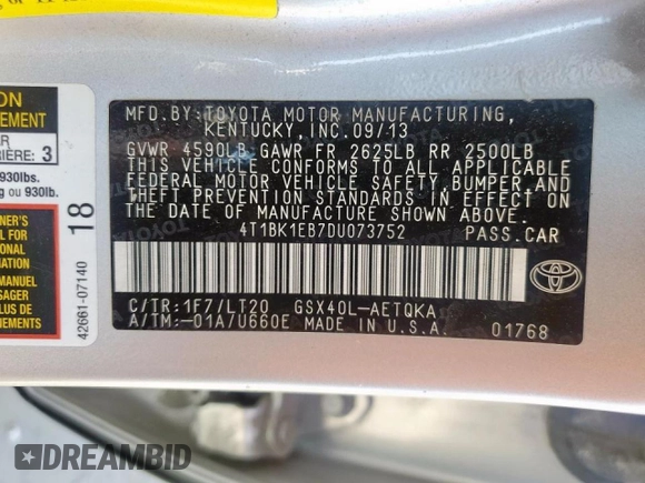 2013 Toyota Avalon XLE z VIN 4T1BK1EB7DU073752, wystawiony jako Copart lot #59992685 z przebiegiem 88 737 mil mil oraz Szkoda całkowita • Salvage title. Historia ofert i sprzedaży dostępna na DreamBid. Obrazek 12.