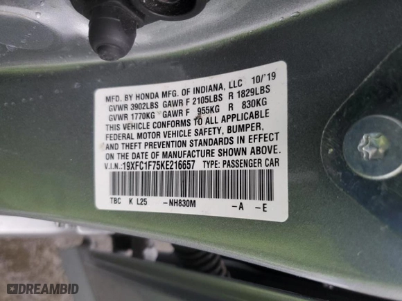 2019 Honda Civic Sedan EX-L with VIN 19XFC1F75KE216657, listed as a Copart auction lot 44454265 with 0 mi miles and Salvage Title. Bid and sale history available at carsss.com. Image 13.