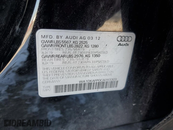 2012 Audi Q5 3.2L Premium Plus with VIN WA1DKAFP0CA093309, listed as a Copart auction lot 86983384 with 134,738 mi miles and Salvage Title. Bid and sale history available at carsss.com. Image 15.