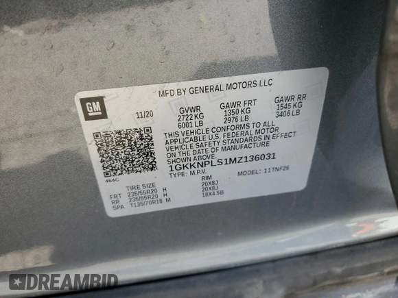 2021 GMC Acadia Denali with VIN 1GKKNPLS1MZ136031, listed as a Copart auction lot 87427094 with 42,556 mi miles and Salvage title. Bid and sale history available at DreamBid. Image 13.