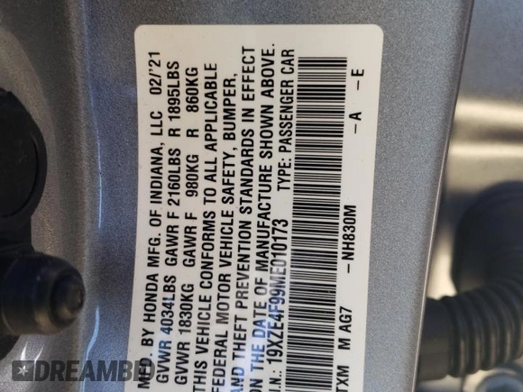2021 Honda Insight Touring with VIN 19XZE4F99ME010173, listed as a Copart auction lot 47144315 with 80,990 mi miles and Salvage Title. Bid and sale history available at carsss.com. Image 14.