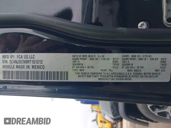 2024 Jeep Compass Limited with VIN 3C4NJDCN9RT151212, listed as a IAAI auction lot 42424870 with 19,032 mi miles and . Bid and sale history available at DreamBid. Image 9.
