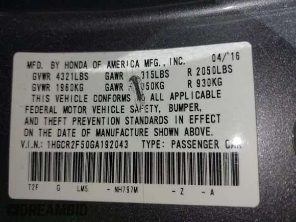 2016 Honda Accord Sport with VIN 1HGCR2F50GA192043, listed as a IAAI auction lot 42166241 with 141,973 mi miles and . Bid and sale history available at DreamBid. Image 9.