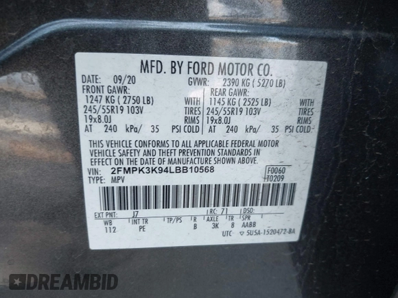 2020 Ford Edge Titanium with VIN 2FMPK3K94LBB10568, listed as a IAAI auction lot 42430196 with 76,490 mi miles and . Bid and sale history available at DreamBid. Image 9.