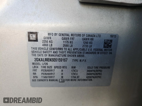 2014 GMC Terrain SLE with VIN 2GKALMEK6E6159167, listed as a Copart auction lot 60570435 with 63,768 mi miles and Salvage title. Bid and sale history available at DreamBid. Image 12.