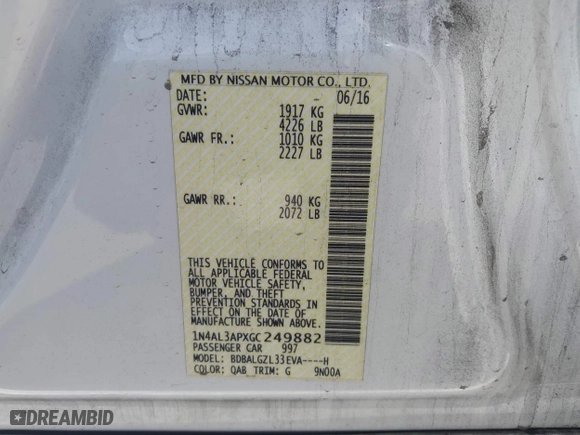 2016 Nissan Altima 2.5 SL with VIN 1N4AL3APXGC249882, listed as a IAAI auction lot 41862562 with 167,596 mi miles. Bid and sale history available at carsss.com. Image 9.