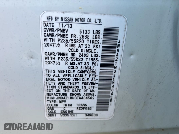 2014 Nissan Murano LE z VIN JN8AZ1MU3EW404562, wystawiony jako Copart lot #58057755 z przebiegiem 56 948 mil mil oraz Szkoda całkowita • Salvage title. Historia ofert i sprzedaży dostępna na DreamBid. Obrazek 10.