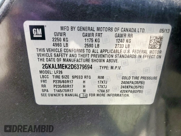 2013 GMC Terrain SLE with VIN 2GKALMEK2D6379694, listed as a Copart auction lot 57449175 with 165,447 mi miles and Clean title. Bid and sale history available at DreamBid. Image 13.