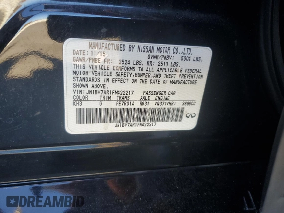 2015 Infiniti Q50 Premium with VIN JN1BV7AR1FM422217, listed as a Copart auction lot 77656424 with Not provided miles and Salvage title. Bid and sale history available at DreamBid. Image 15.