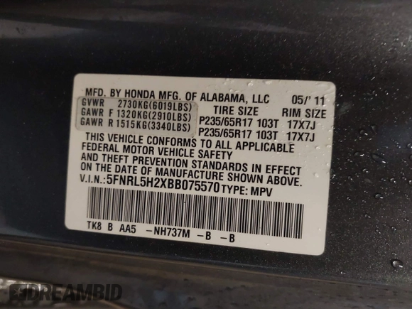 2011 Honda Odyssey LX с VIN 5FNRL5H2XBB075570, выставлен на аукционе IAAI как лот 42168055 с пробегом 169 016 миль миль и . История ставок и продаж доступна на DreamBid. Изображение 9.