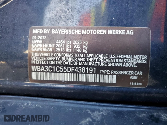 2013 BMW 3 Series 328i with VIN WBA3C1C55DF438191, listed as a Copart auction lot 51116325 with 175,440 mi miles and Salvage Title. Bid and sale history available at carsss.com. Image 12.