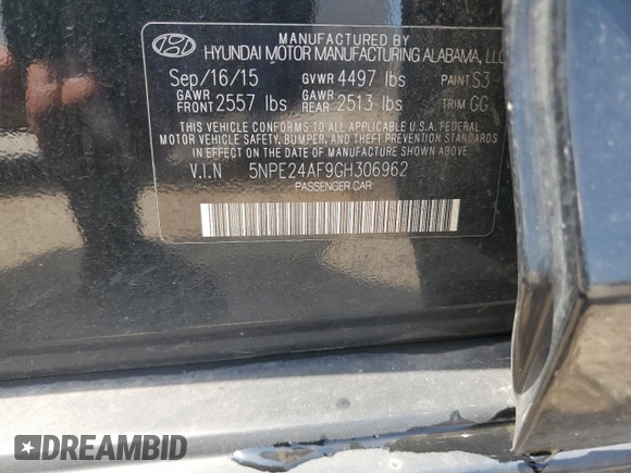 2016 Hyundai Sonata SE with VIN 5NPE24AF9GH306962, listed as a Copart auction lot 54345215 with 105,936 mi miles and Salvage Title. Bid and sale history available at DreamBid. Image 12.