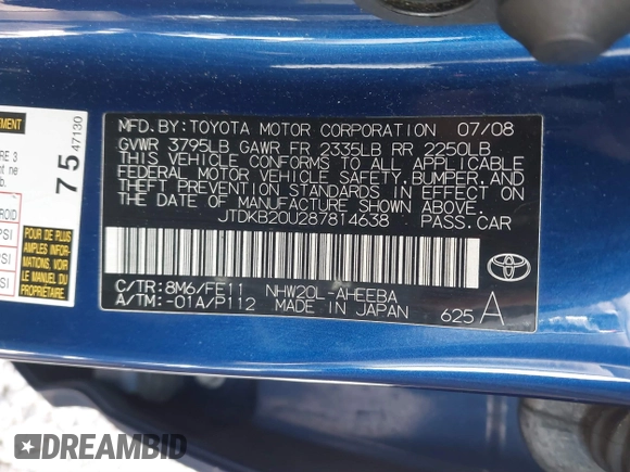 2008 Toyota Prius with VIN JTDKB20U287814638, listed as a IAAI auction lot 41810991 with 183,118 mi miles. Bid and sale history available at carsss.com. Image 9.