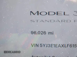 2020 Tesla Model 3 Standard Range Plus with VIN 5YJ3E1EAXLF615781, listed as a IAAI auction lot 42068935 with 96,026 mi miles. Bid and sale history available at carsss.com. Image 15.