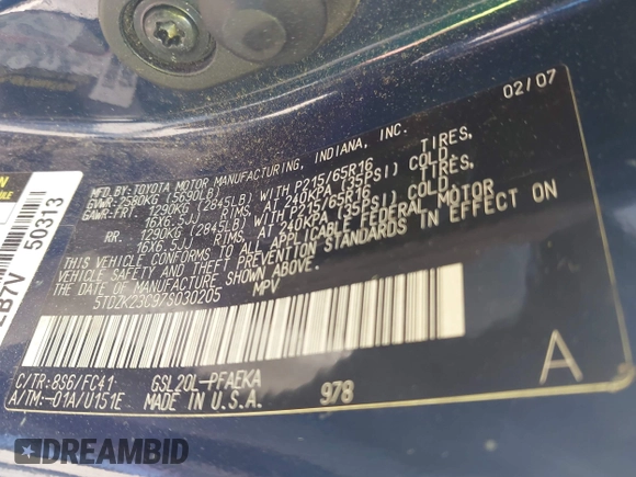 2007 Toyota Sienna CE with VIN 5TDZK23C97S030205, listed as a IAAI auction lot 41559679 with Not Provided miles and . Bid and sale history available at DreamBid. Image 9.