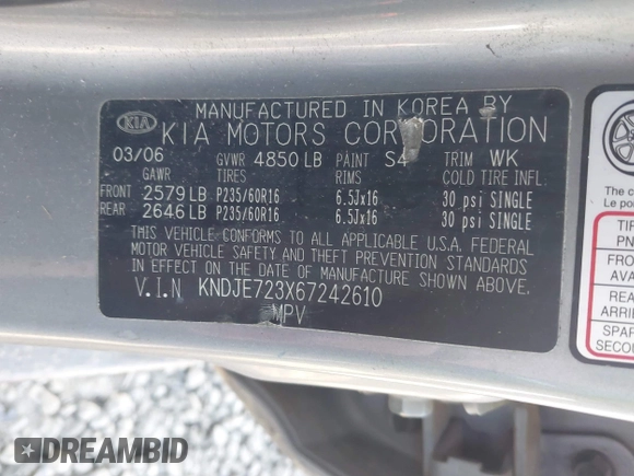 2006 Kia Sportage LX with VIN KNDJE723X67242610, listed as a IAAI auction lot 41735144 with 244,979 mi miles and . Bid and sale history available at DreamBid. Image 9.