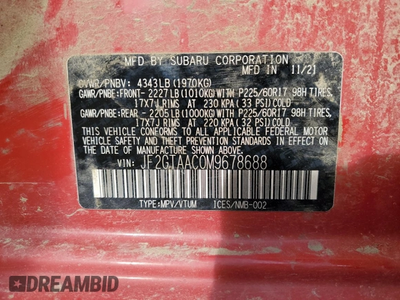 2021 Subaru Crosstrek with VIN JF2GTAAC0M9678688, listed as a Copart auction lot 81282904 with 51,571 mi miles and Non repairable. Bid and sale history available at DreamBid. Image 14.