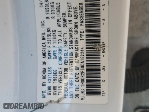2013 Honda Accord Sport with VIN 1HGCR2F59DA162244, listed as a Copart auction lot 54545885 with 151,064 mi miles and Salvage Title. Bid and sale history available at DreamBid. Image 12.