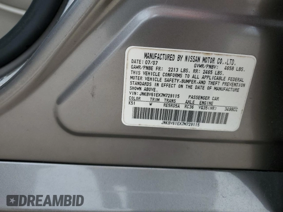 2007 Infiniti G35 Journey with VIN JNKBV61EX7M729115, listed as a Copart auction lot 70764774 with 107,536 mi miles and Salvage Title. Bid and sale history available at DreamBid. Image 12.