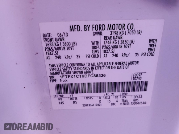 2013 Ford F-150 XL с VIN 1FTFX1CT6DFC88336, выставлен на аукционе Copart как лот 84088974 с пробегом 124 538 миль миль и Списание • Salvage title. История ставок и продаж доступна на DreamBid. Изображение 14.