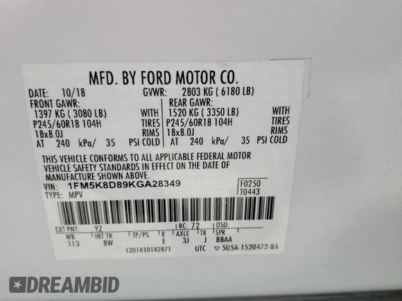 2019 Ford Explorer XLT z VIN 1FM5K8D89KGA28349, wystawiony jako Copart lot #61260465 z przebiegiem 26 254 mil mil oraz Szkoda całkowita • Salvage title. Historia ofert i sprzedaży dostępna na DreamBid. Obrazek 14.