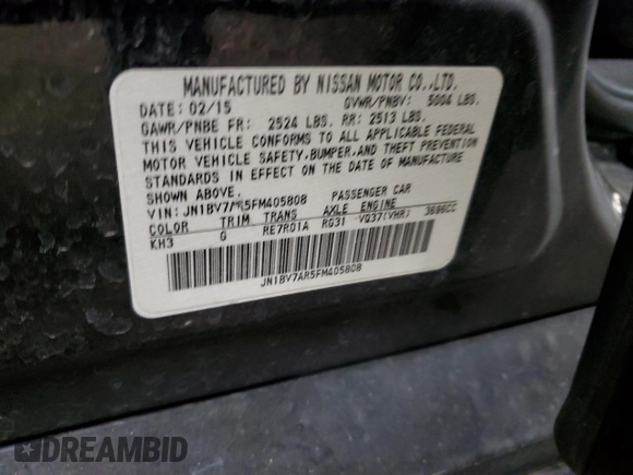 2015 Infiniti Q50 Premium with VIN JN1BV7AR5FM405808, listed as a Copart auction lot 46289625 with 110,441 mi miles and Salvage Title. Bid and sale history available at carsss.com. Image 14.