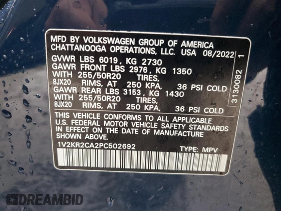 2023 Volkswagen Atlas SE with VIN 1V2KR2CA2PC502692, listed as a Copart auction lot 50461735 with 157,069 mi miles and Clean title. Bid and sale history available at DreamBid. Image 13.