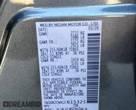 2020 Nissan Pathfinder SL with VIN 5N1DR2CNXLC615325, listed as a Copart auction lot 62033345 with 50,807 mi miles and Salvage title. Bid and sale history available at DreamBid. Image 10.