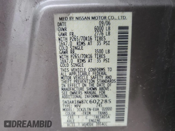 2007 Nissan Pathfinder SE z VIN 5N1AR18W87C602285, wystawiony jako Copart lot #52873945 z przebiegiem 154 348 mil mil oraz Szkoda całkowita • Salvage title. Historia ofert i sprzedaży dostępna na DreamBid. Obrazek 14.