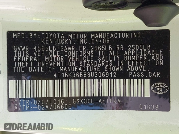2008 Toyota Avalon XL with VIN 4T1BK36B88U306912, listed as a IAAI auction lot 41981473 with 148,461 mi miles. Bid and sale history available at carsss.com. Image 9.