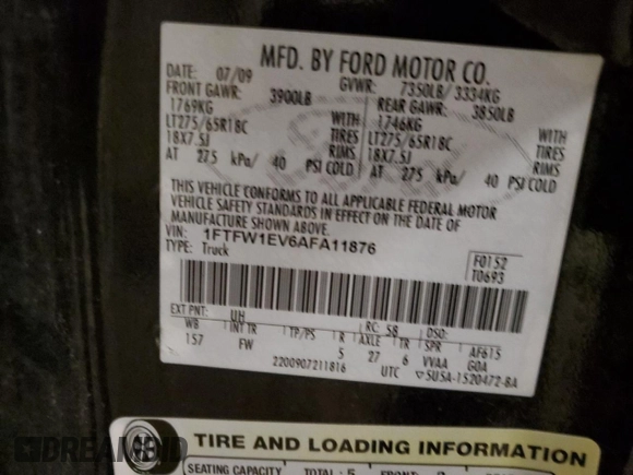 2010 Ford F-150 XL with VIN 1FTFW1EV6AFA11876, listed as a Copart auction lot 47563355 with 224,151 mi miles and Non Repairable. Bid and sale history available at carsss.com. Image 12.