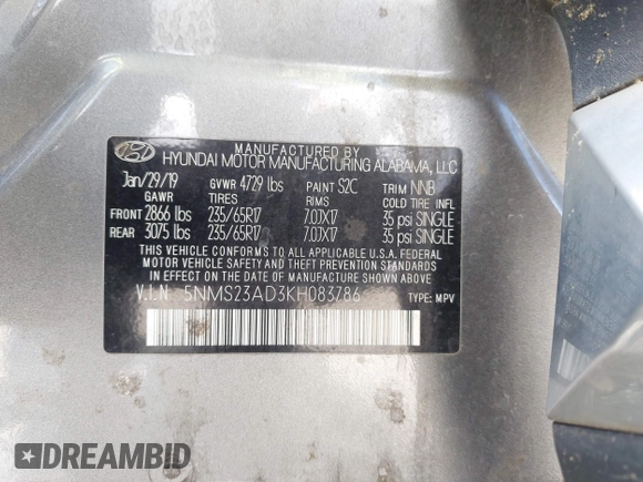2019 Hyundai Santa Fe SE with VIN 5NMS23AD3KH083786, listed as a IAAI auction lot 42196828 with Not Provided miles and . Bid and sale history available at DreamBid. Image 9.