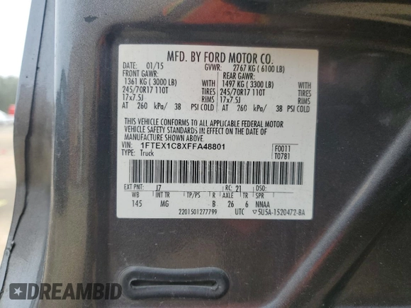 2015 Ford F-150 XL with VIN 1FTEX1C8XFFA48801, listed as a Copart auction lot 43728595 with 144,829 mi miles and Salvage Title. Bid and sale history available at carsss.com. Image 12.