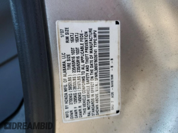 2007 Honda Odyssey EX-L z VIN 5FNRL38697B039741, wystawiony jako Copart lot #56868365 z przebiegiem 135 742 mil mil oraz Czysty tytuł • Clean title. Historia ofert i sprzedaży dostępna na DreamBid. Obrazek 13.