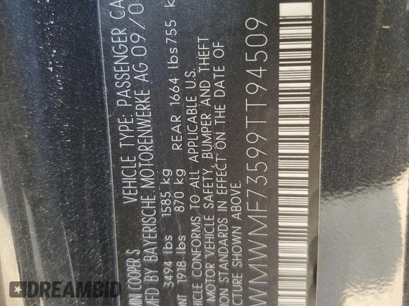 2009 MINI Hardtop S with VIN WMWMF73599TT94509, listed as a Copart auction lot 53495645 with Not provided miles and Salvage title. Bid and sale history available at DreamBid. Image 12.