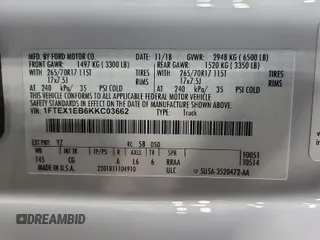 2019 Ford F-150 XL with VIN 1FTEX1EB6KKC03662, listed as a IAAI auction lot 42785529 with 158,102 mi miles and . Bid and sale history available at DreamBid. Image 9.
