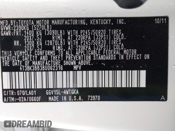 2011 Toyota Venza z VIN 4T3BK3BB3BU062316, wystawiony jako IAAI lot #41643302 z przebiegiem 153 786 mil mil oraz . Historia ofert i sprzedaży dostępna na DreamBid. Obrazek 9.
