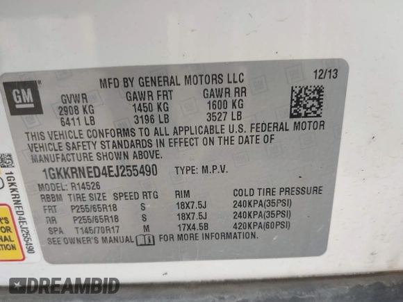 2014 GMC Acadia SLE with VIN 1GKKRNED4EJ255490, listed as a IAAI auction lot 41586012 with 158,644 mi miles and . Bid and sale history available at carsss.com. Image 9.