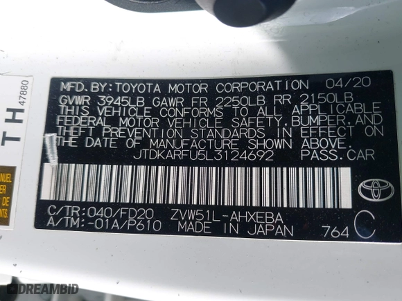 2020 Toyota Prius L Eco with VIN JTDKARFU5L3124692, listed as a IAAI auction lot 42019339 with 178,081 mi miles. Bid and sale history available at carsss.com. Image 9.