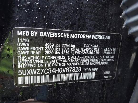2017 BMW X3 sDrive28i with VIN 5UXWZ7C34H0V87828, listed as a IAAI auction lot 41562662 with 78,572 mi miles. Bid and sale history available at carsss.com. Image 9.