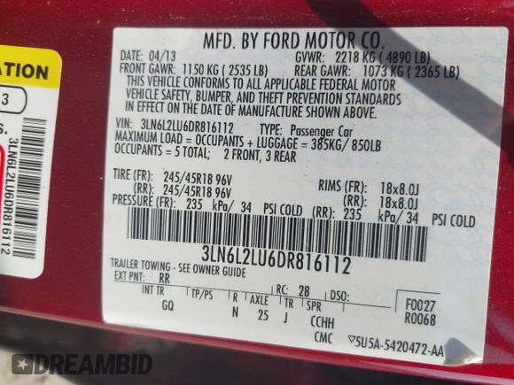 2013 Lincoln MKZ Hybrid z VIN 3LN6L2LU6DR816112, wystawiony jako IAAI lot #42416946 z przebiegiem 150 433 mil mil oraz . Historia ofert i sprzedaży dostępna na DreamBid. Obrazek 9.