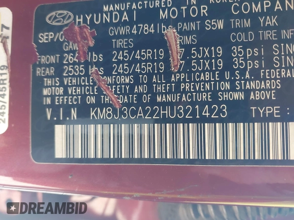 2017 Hyundai Tucson Limited with VIN KM8J3CA22HU321423, listed as a IAAI auction lot 41413061 with Not provided miles and . Bid and sale history available at DreamBid. Image 9.