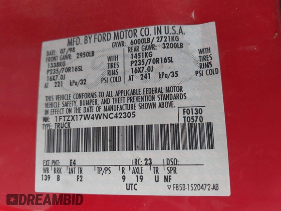 1998 Ford F-150 with VIN 1FTZX17W4WNC42305, listed as a IAAI auction lot 42634349 with 325,675 mi miles and . Bid and sale history available at DreamBid. Image 9.