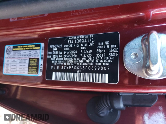 2023 Kia Telluride SX Prestige with VIN 5XYP5DGC5PG399807, listed as a Copart auction lot 43509855 with 18,812 mi miles and Salvage title. Bid and sale history available at DreamBid. Image 15.
